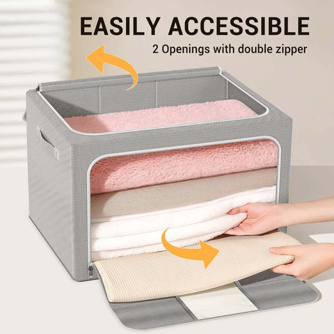 Side view of Foldable Metal Frame Storage Bins Set For Clothes And No Fuss Organization, 100L Each, 3 Pack, with blankets inside