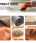 Powerful Electric Scissors Cordless For Fabric And Craft With Two Blades Cutting Cardboard Leather Plastic And Carpet Easy Use Super Sharp Heavy Duty Tool cutting through various materials like carpet and fabric.