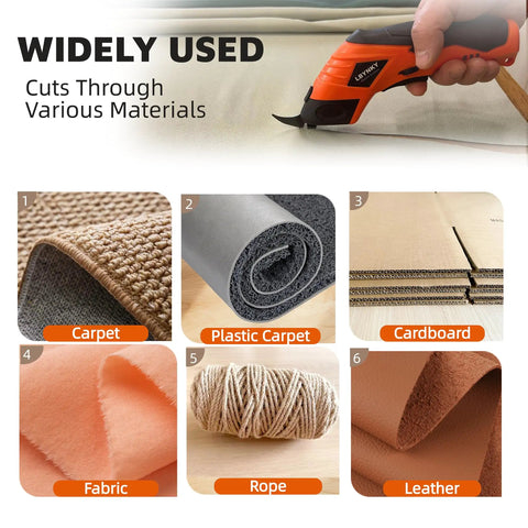 Powerful Electric Scissors Cordless For Fabric And Craft With Two Blades Cutting Cardboard Leather Plastic And Carpet Easy Use Super Sharp Heavy Duty Tool cutting through various materials like carpet and fabric.