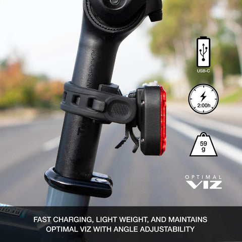 Close-up of Vmax Plus 150 rear light mounted on a bike post, part of Lumina Micro 900 Front Bike Light And Vmax Plus 150 Rear Light USB Rechargeable Combo.