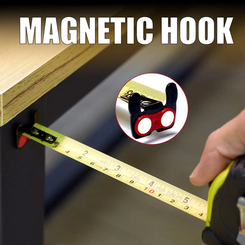 12 Foot Magnetic Tape Measure With Magnetic Hook And Fraction Markings attached to table corner
