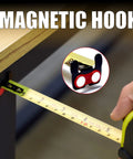 25 Ft Tape Measure With Magnetic Hook For Hands Free Use extending from metal table, easy read markings visible