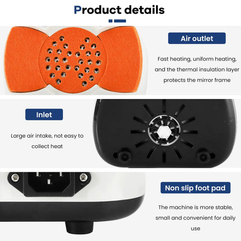 Pro Grade Optical Frame Warmer Equipped With Ceramic Hot Air System For Eyewear Frames showing air outlet, inlet and non-slip foot pad details.