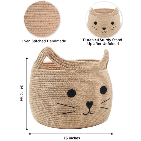 Large Cotton Rope Storage Basket With Cozy Cat Face Design For Towels, Blankets, Toys, And Clothes, Woven Laundry Organizer