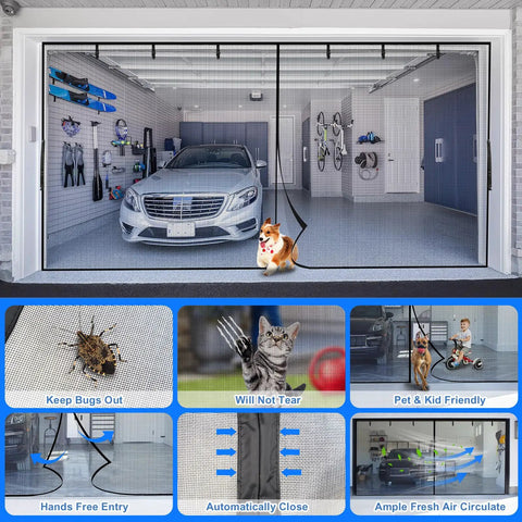 Two Car Garage Door Screen 16x7 Feet 300 Mesh keeps dust out, lets fresh air in, with heavy duty magnetic seal, fits double garage openings