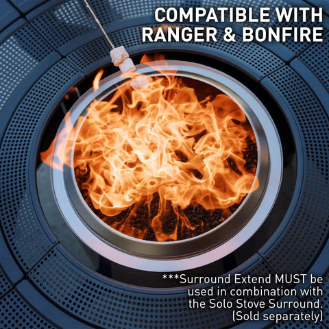 Surround Extend For Bonfire Ranger Fire Pit Table with flames, showcasing outdoor party accessory integration.