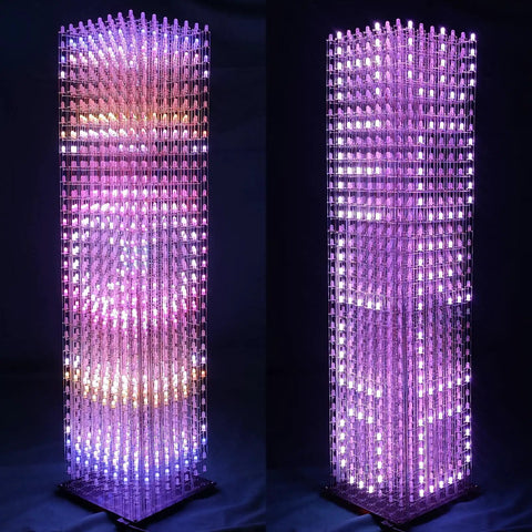 DIY LED Cube Kit For Soldering Projects With 8x8x32 RGB LEDs, Pre Soldered Mainboard And Pre Programmed Controller, Perfect For Electronics Courses And Hobbyists, Dynamic Lighting Effects And Easy Assembly. 8x8x32 RGB LED cube lit in purple on a black base