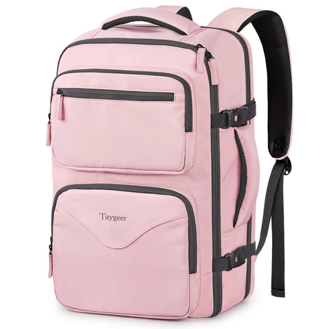 Pink under seat personal item bag with multiple pockets, black zippers, TSA approved, fits 15.6 inch laptop; water bottle pocket visible.