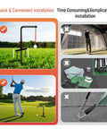 Image showing Go-To Golf Swing Trainer And Practice Aid, Heavy Duty Metal Stand set up outdoors, contrasted with complex installations.