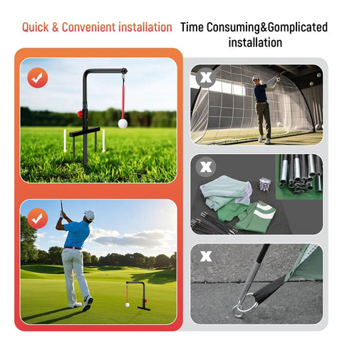 Image showing Go-To Golf Swing Trainer And Practice Aid, Heavy Duty Metal Stand set up outdoors, contrasted with complex installations.