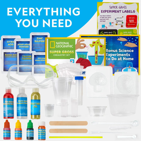 Gross Science Kit With 45 Experiments For Kids 8 12 Dissect A Brain Make Slime Glowing Worms Test Tube Vomit Creepy STEM Projects Fun Birthday Gift For Curious Boys And Girls contents displayed, including chemicals, goggles, and experiment labels.
