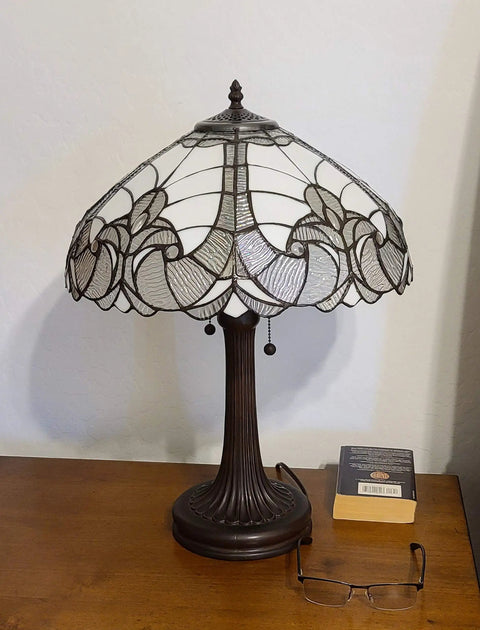 Tiffany Style Table Lamp With Floral Banker Design, Stained Glass White And Gray, Vintage Elegant Nightstand, 23 Inches Tall