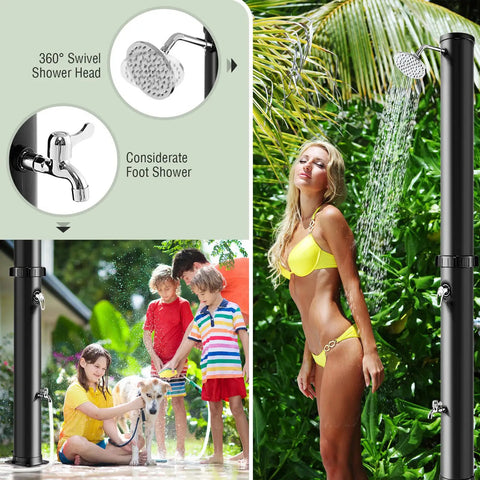 Solar Heated Outdoor Shower With 10 Gallon Tank 360 Degree Rotating Shower Head Foot Tap Freestanding 7.2 Ft Kit