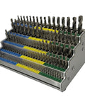 Premium Quality Industrial Grade Drill Bit Organizer Storage Box With 118 Precision Holes And Easy Reference Chart stacked trays with drill bits.