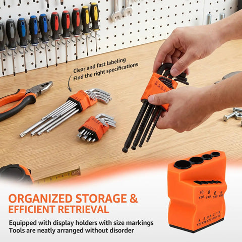 Kickstart Your Handyman Skills With This Awesome LYIYEYAN 27 Piece Hex Key Set! Get Ball End Allen Wrenches Plus Torx Star Bits For Quick Bike Fixes, Furniture Assembly, And Tough Mechanical Repairs. Made From Durable CR V Steel That Handles Heavy Usage. 27-piece hex key set in orange holders, hands organizing Allen and Torx keys