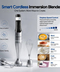 Handheld Cordless Immersion Blender With Smart Speed Settings And Whisper Quiet Motor For Easy Soup And Smoothie Blending Hassle Free Kitchen Essential in sleek metal finish with whisk and frother attachments.