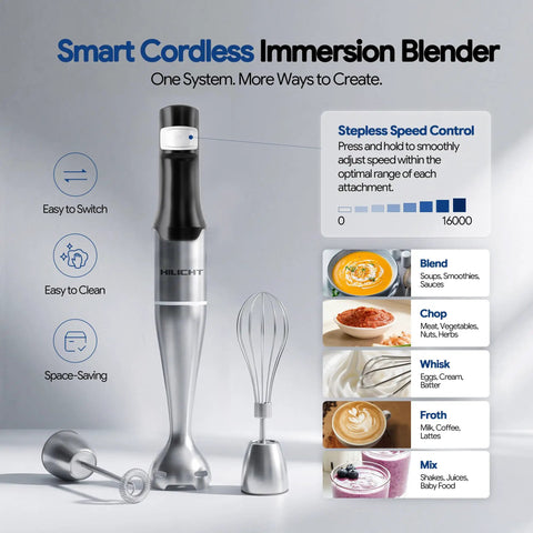 Handheld Cordless Immersion Blender With Smart Speed Settings And Whisper Quiet Motor For Easy Soup And Smoothie Blending Hassle Free Kitchen Essential in sleek metal finish with whisk and frother attachments.