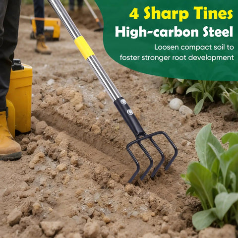 Heavy Duty Garden Hand Tiller Cultivator with four tines and adjustable long handle, loosening soil in a vegetable garden.