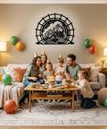 Family celebration in living room with Old School Vintage Steam Train Metal Sign, Circular Iron Wall Art With Locomotive Silhouette on wall.
