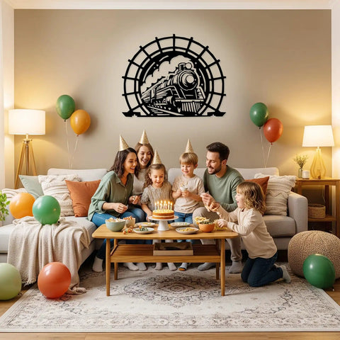 Family celebration in living room with Old School Vintage Steam Train Metal Sign, Circular Iron Wall Art With Locomotive Silhouette on wall.