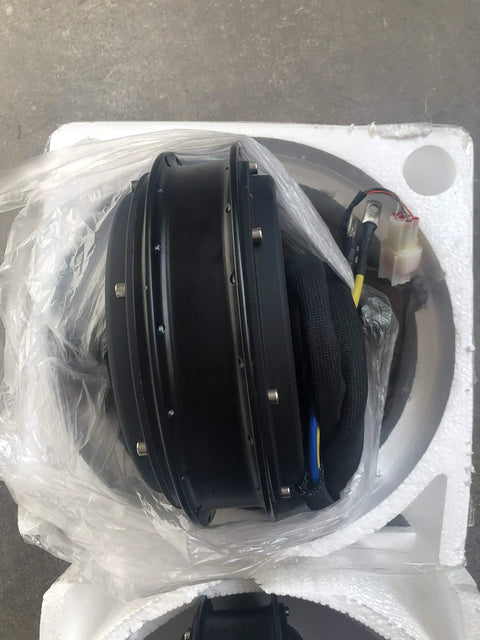 Badass 5000W Electric Bike Hub Motor Packing Killer High Torque And 10kW Peak Power 48V To 120V Heavy Duty Conversion Kit top view in protective wrap.