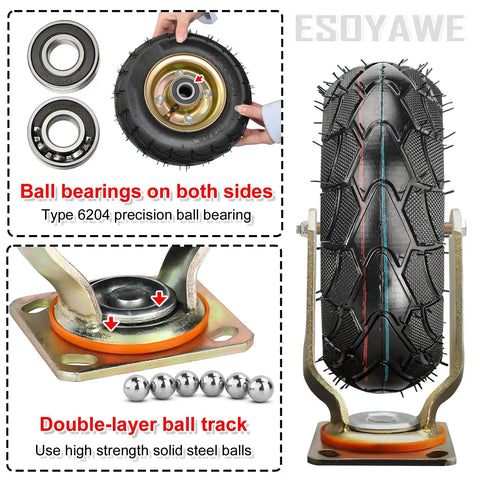 Straight Up Heavy Duty 10 Inch Pneumatic Casters showcasing ball bearings, rubber tire, and double-layer ball track design.