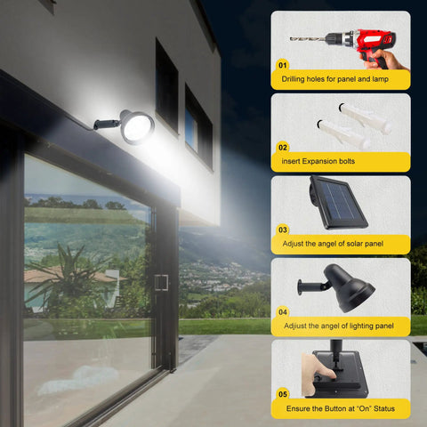 Solar Spotlight Outdoor Light Waterproof LED Flood Light Solar Powered With Separate Solar Panel And 16 Foot Extension steps