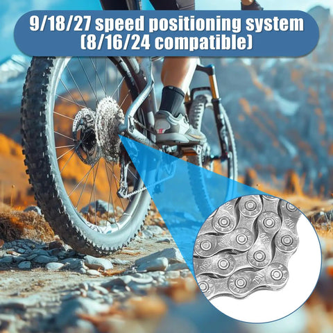 Beefed-Up Bicycle Chain For 7-27 Speed Systems, 116 Links, showing on mountain bike with Double X-Bridge Design
