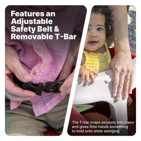 Rocket Swing For Two Outdoor Baby Swing With Weather Resistant Rope Attaches To Your Playset In The Backyard For Toddlers 9 Months To 3 Years Old Safe Buckle and T-bar feature shown
