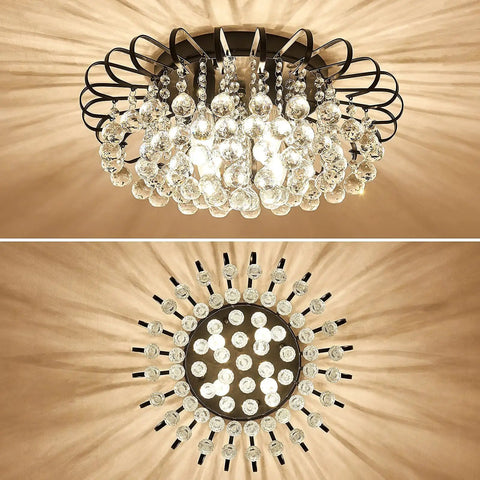 Dope Black Crystal Floral Chandelier 4 Light Fixture Dimmable Flush Mount Ceiling Light With Raindrop Crystals, top and side view