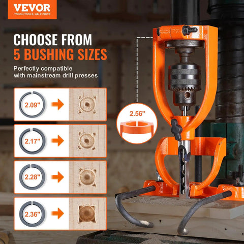 Heavy Duty Drill Press Mortising Attachment With Square Hole Chisel Set And Five Precision Bushings for precise wood drilling.