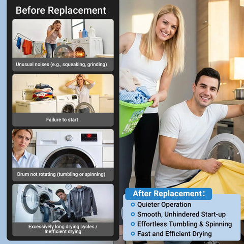 Image showing before and after using Upgraded Dryer Repair Kit DIY Friendly For Household Dryers Includes 4581EL2002C And 4581EL2002L Drum Rollers 4400EL2001A Belt 4561EL3002A Idler Pulley And Spring Quiet OEM Grade Parts For Smooth Reliable Drying Performance.