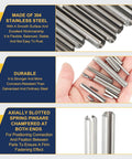 Close-up of Slotted Spring Pin Set 50 Pack, 3.2mm By 35mm, 304 Stainless Steel Dowel Pins, durable and corrosion resistant.