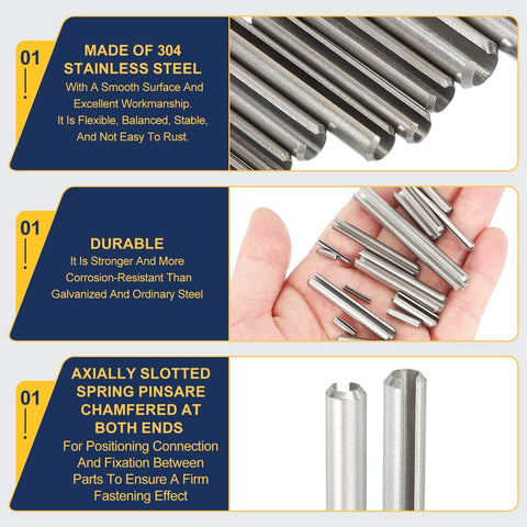 Close-up of Slotted Spring Pin Set 50 Pack, 3.2mm By 35mm, 304 Stainless Steel Dowel Pins, durable and corrosion resistant.