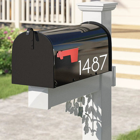 Mailbox with 1487 shown using 2 Inch Reflective Mailbox Numbers Sticker Set, 5 Packs of 0 Through 9, Waterproof Vinyl Self Adhesive.