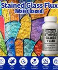 Image of a bottle labeled 'Stained Glass Flux' with colorful stained glass in background, showing 8oz liquid solder flux for stained glass soldering supplies and electrical repairs water based formula pro grade safe for copper zinc and lead use with glass art tools for precise application and smooth flow in every weld.