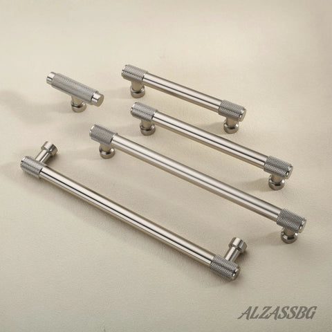 Brushed Satin Nickel Cabinet Pulls 10 Pack with 5 Inch Hole Centers Knurled Kitchen Cabinet Handles displayed on beige surface