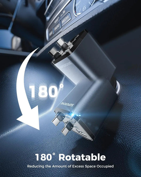 Ultra Compact 6 Port USB C Car Charger With Retractable Plug, shown plugged in with 180-degree rotation in car interior.