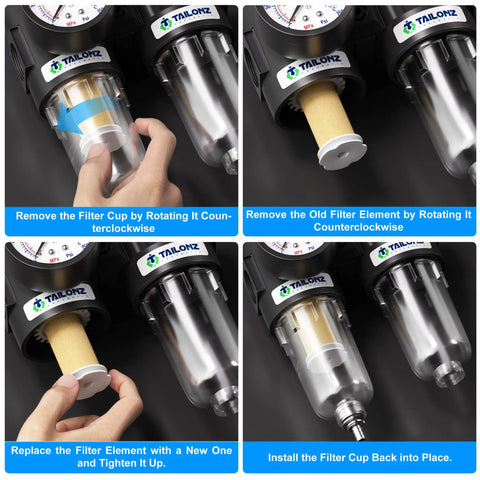 Installation steps for the Air Filter Pressure Regulator Kit with Lubricator Cup for One Quarter Inch NPT Systems, 0-145 Psi Gauge.