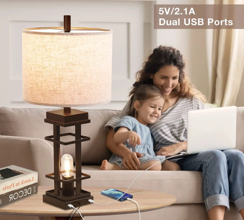 Farmhouse Table Lamps Set With USB Ports And Touch Dimmers, 26 Inch Tall beside woman using laptop with child