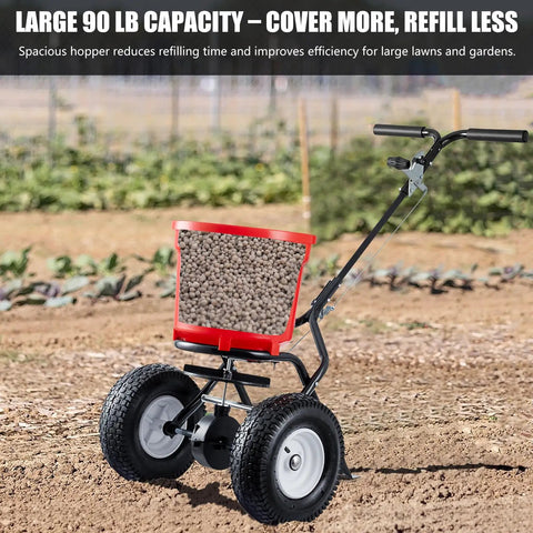 90 Pound Broadcast Spreader Walk Behind For Lawn Care And Yard Maintenance With 12.5 Inch Pneumatic Wheels Big 90 Lb Hopper