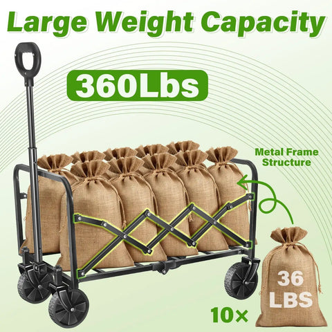 Foldable Wagon Cart With Wheels For Outdoors loaded with burlap bags, showing large 360 lb capacity and metal frame structure.