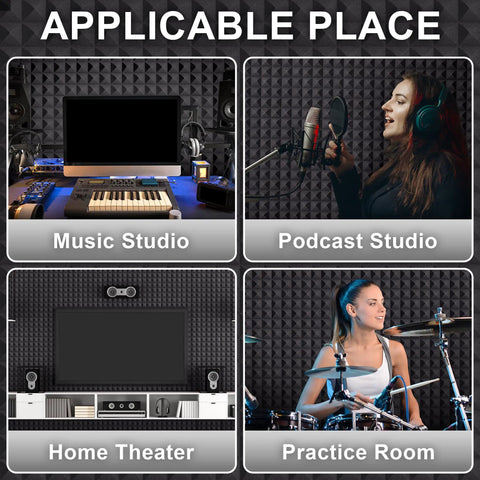 Image of multiple setups showcasing 24 Pack Hella Thick Acoustic Foam Panels Crafted To Knock Out Studio Reverb and Quiet Down Busy Rooms.