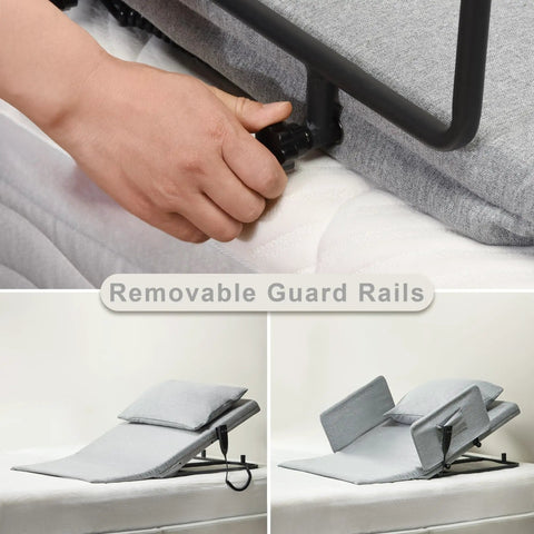 Hand adjusting the removable guard rails on the Electric Power Lifting Adjustable Bed Back Rest for Patient Back Support.