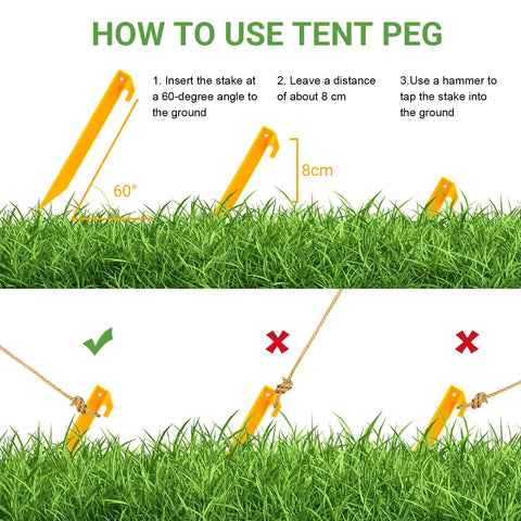Diagram showing how to use Heavy Duty 9 Inch Plastic Tent Stakes 10 Pack For Tents And Canopies Windproof Beach Sand Pegs in grass.