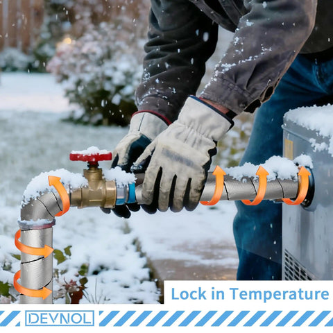 Person applying pipe insulation wrap foam foil tape to outdoor water pipes for freeze protection in snowy weather.