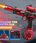 Grantley Electric Water Gun For Adults And Kids Featuring Rechargeable Automatic Squirt Blaster With Long Lasting Play And Easy Refill Design Perfect For Summer Outdoor Beach Pool And Backyard Party Games Fun in red color with water spray effect.