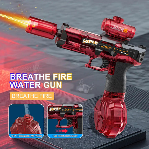 Grantley Electric Water Gun For Adults And Kids Featuring Rechargeable Automatic Squirt Blaster With Long Lasting Play And Easy Refill Design Perfect For Summer Outdoor Beach Pool And Backyard Party Games Fun in red color with water spray effect.