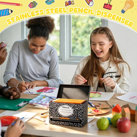Wooden Pencil Dispenser For Classroom And Home Office Holds Up To 200 Pencils Compact 9.5 By 6.7 By 5 Inches Desk Organizer on table