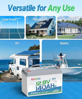 12V 140Ah LiFePO4 Battery Group31 for RVs, boats, solar with Bluetooth shown in marine, campervan, off-grid settings